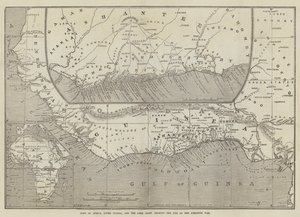 Mapas da África, da Alta Guiné e da Gold Coast, mostrando o local da Guerra de Assânteos